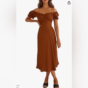 RUST OFF THE SHOULDER SATIN MIDI DRESS- SIZE MEDIUM